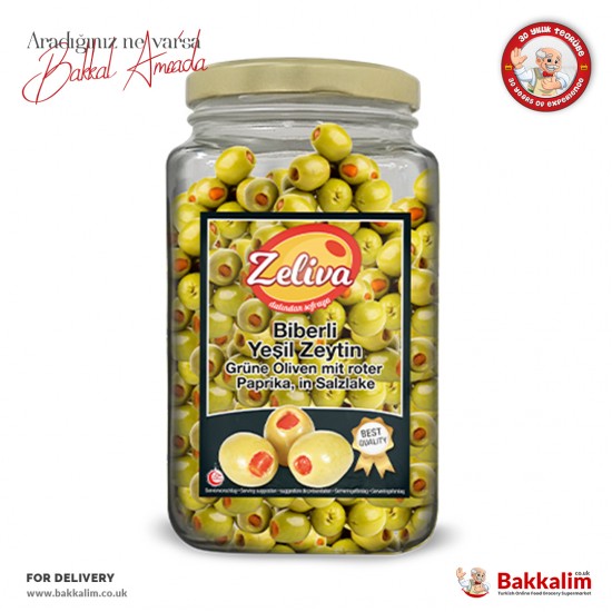 Zeliva Stuffed Red Pepper Green Olives 400 G - 4260467595877 - BAKKALIM UK