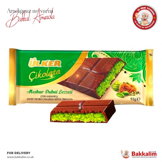 Ulker Dubai Chocolate Crunchy Kadaif with Pistachio Filling Milk Chocolate Bar 93 G - 8690504143727 - BAKKALIM UK