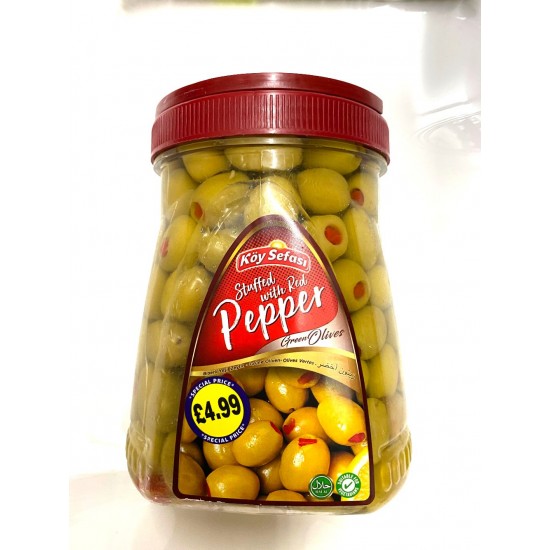 Koy Sefasi Green Olives Stuffed With Red Pepper Drained Weight 800g Net Weight 1600g - 8696591064310 - BAKKALIM UK