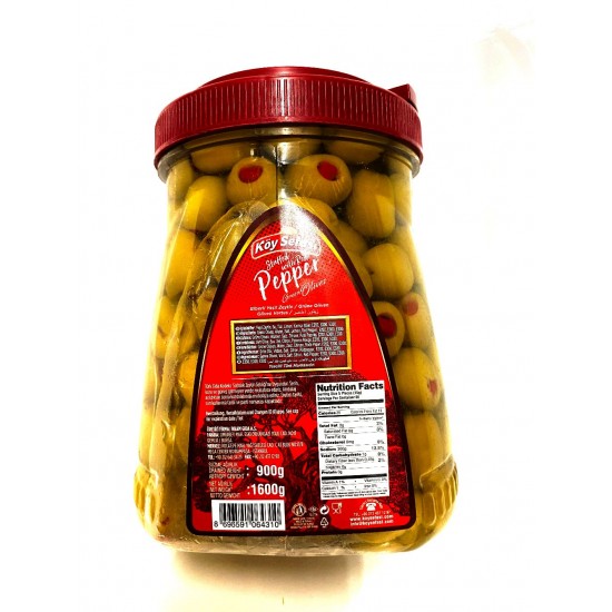 Koy Sefasi Green Olives Stuffed With Red Pepper Drained Weight 800g Net Weight 1600g - 8696591064310 - BAKKALIM UK